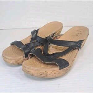 Crocs A-Leigh Slide Sandals Women’s 8 Black Cork Wedge Strappy Leather Shoes
